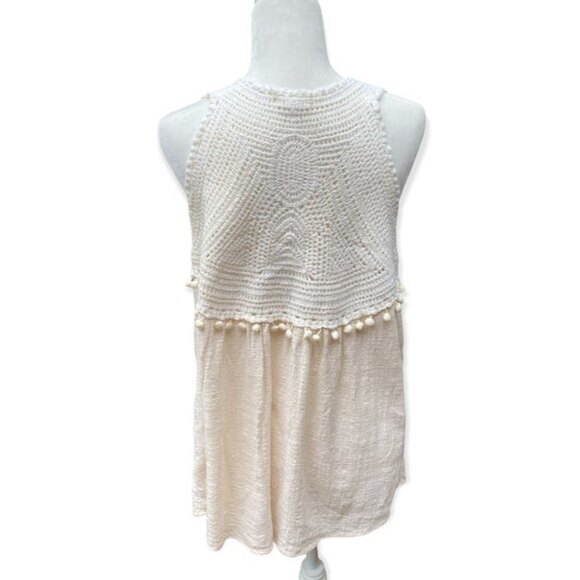 ADIVA Ivory white crochet lace inserts tank top gauzy cotton cloth pompoms Sz L - Picture 2 of 11